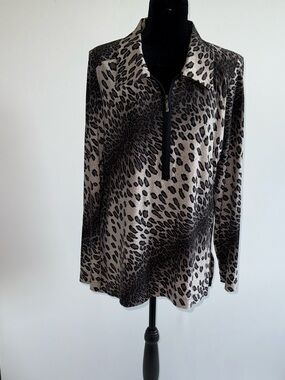Exclusively Misook Leopard Print Zip Neck Blouse Top XL
